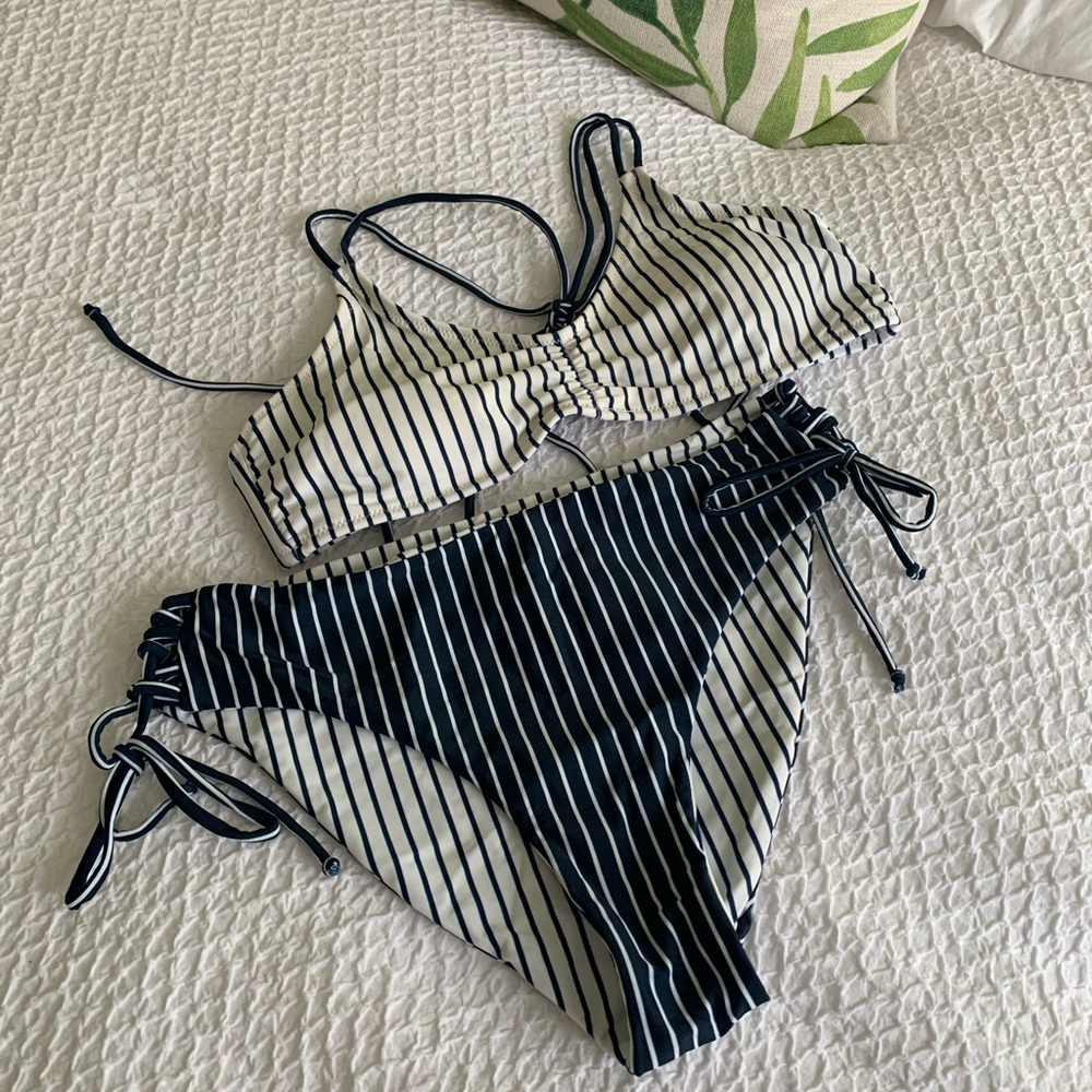 Cupshe Reversible Navy/ White Stripe Bikini
